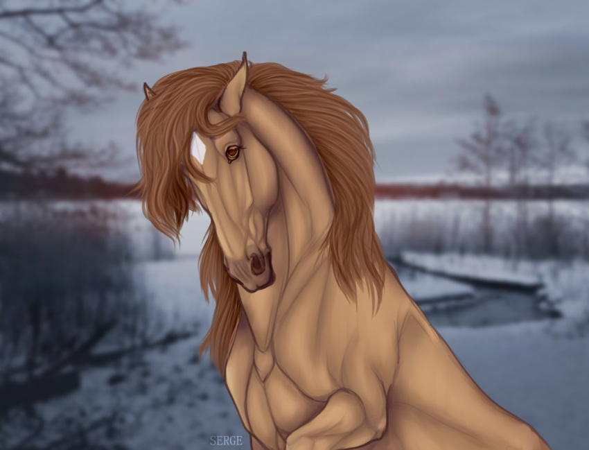 ambiguous_gender brown_eyes digital_media_(artwork) equid equine facial_markings feral hair head_markings horse looking_at_viewer mammal markings pearl_(wasen) photo_background photography_(artwork) plant raised_leg sergetishbein solo tan_body tan_hair tree