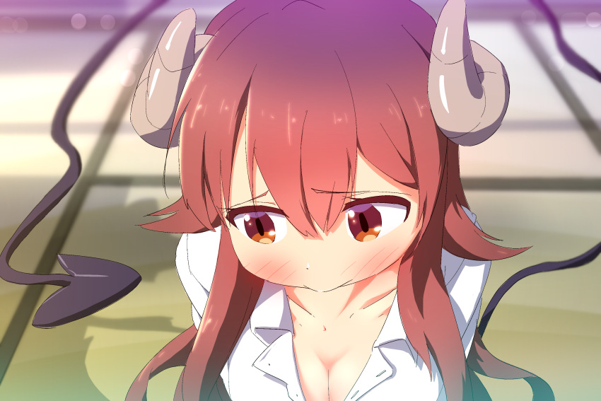 blush breasts brown_eyes brown_hair cleavage closed_mouth collarbone commentary demon_girl demon_horns demon_tail female highres horns large_breasts long_hair looking_away machikado_mazoku oekakiism solo tail upper_body yoshida_yuuko_(machikado_mazoku)