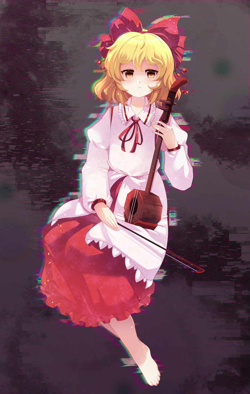 :| absurdres barefoot blonde_hair bow bow_(music) chromatic_aberration closed_mouth collared_shirt commentary_request detached_sleeves dungeon_toaster english_commentary erhu expressionless female frilled_shirt_collar frilled_skirt frills full_body hairbow highres holding holding_instrument instrument japanese_clothes juliet_sleeves kariginu long_sleeves looking_at_viewer medium_hair mixed-language_commentary music playing_instrument puffy_sleeves red_bow red_ribbon red_skirt ribbon satsuki_rin shirt skirt solo toes touhou white_shirt yellow_eyes