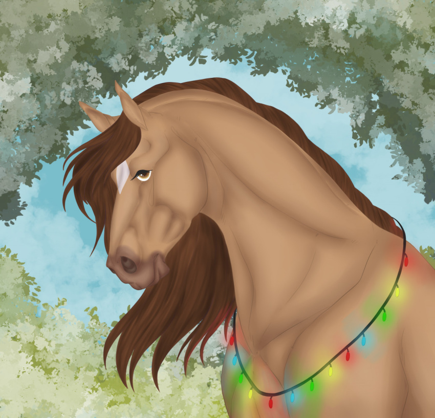 brown_eyes christmas_lights darkmydak digital_media_(artwork) equid equine facial_markings female feral hair head_markings hi_res horse leaf looking_at_viewer mammal markings pearl_(wasen) solo tan_body tan_hair