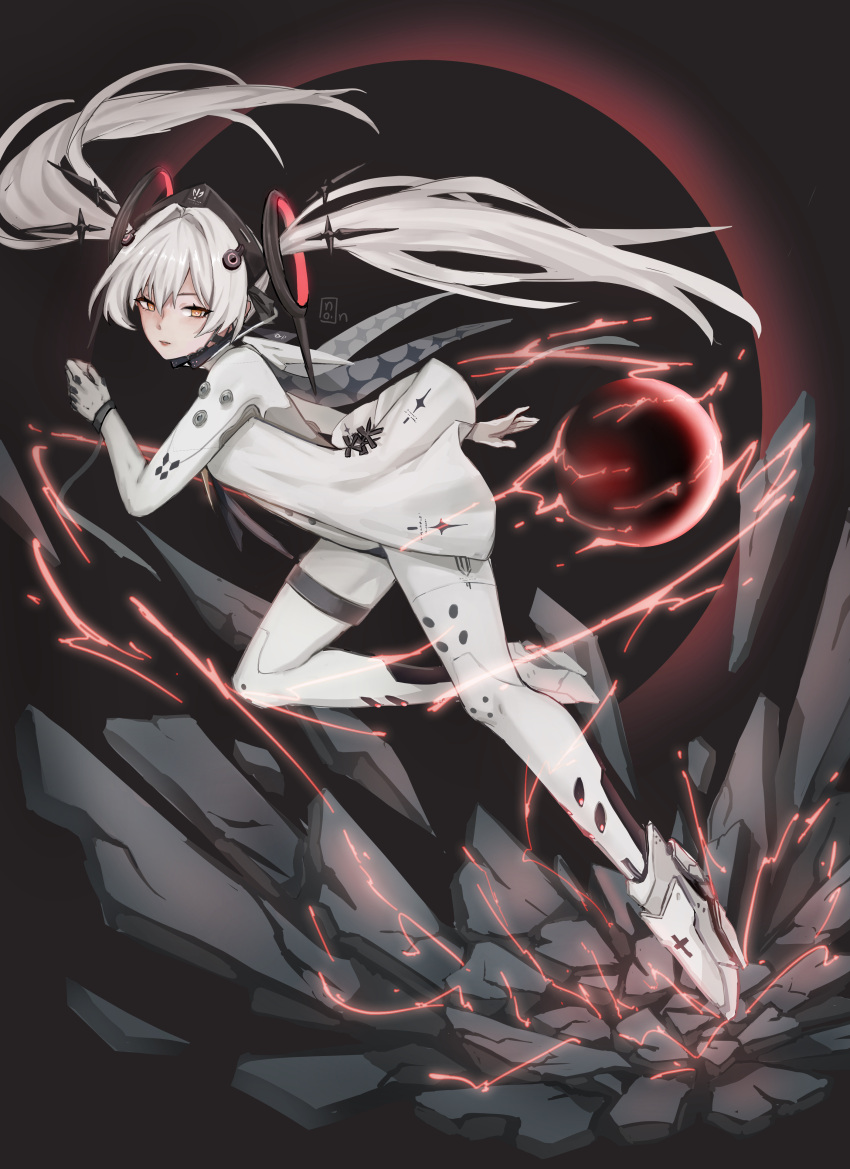 absurdres black_background bodysuit bracelet cross-shaped_pupils female floating floating_object full_of_energy headgear highres jewelry long_hair luna:_laurel_(punishing:_gray_raven) luna_(punishing:_gray_raven) orange_eyes orb punishing:_gray_raven solo symbol-shaped_pupils thighlet twintails white_bodysuit white_hair