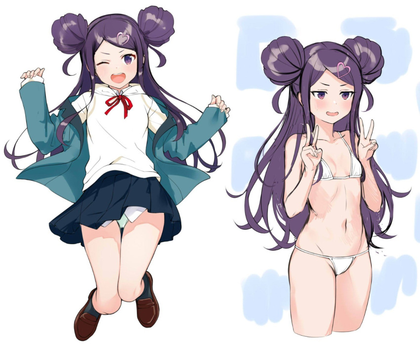 ;d bikini collarbone double_bun double_v e_(eokiba) female hair_bun hair_ornament hairclip heart heart_hair_ornament jacket jumping loafers long_hair multiple_views navel ochikobore_fruit_tart one_eye_closed open_clothes open_jacket open_mouth pleated_skirt purple_eyes sekino_roko shoes side-tie_bikini_bottom skirt smile socks string_bikini sweatdrop swimsuit v wavy_mouth white_bikini