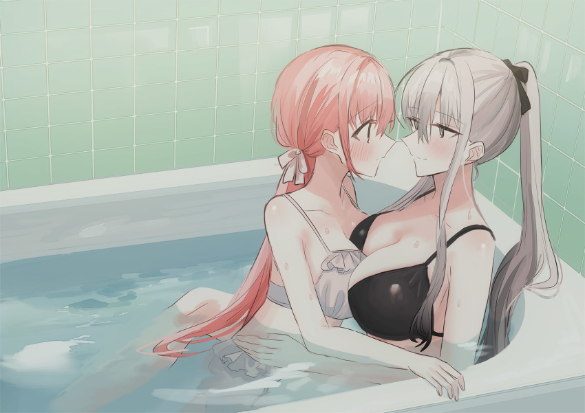 2girls asymmetrical_docking bath bathing bathroom bikini black_bikini blush breast_press breasts brown_eyes chihuri cleavage closed_mouth commentary_request eye_contact frilled_bikini frills grey_eyes grey_hair hair_between_eyes highres large_breasts long_hair looking_at_another medium_breasts multiple_girls original partially_submerged photoshop_(medium) pink_hair ponytail profile same-sex_bathing shared_bathing smile swimsuit tile_wall tiles very_long_hair white_bikini yana_(chihuri) yuri zoya_petrovna_vecheslova