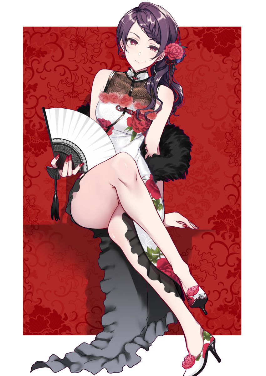 ass bare_shoulders braid breasts brown_eyes china_dress chinese_clothes commentary_request crossed_legs dress earrings feather_boa female flower folding_fan gundou_mirei gundou_mirei_(4th_costume) hair_flower hair_ornament hand_fan high_heels highres holding holding_fan jewelry long_hair looking_at_viewer nijisanji pochi_(pochi-goya) purple_hair red_nails sitting smile solo virtual_youtuber