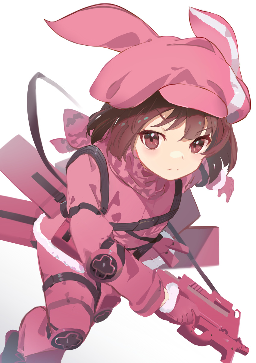 >:( absurdres animal_ears animal_hat brown_eyes brown_hair bullpup cabbie_hat closed_mouth commentary_request fake_animal_ears female fur-trimmed_gloves fur_trim gloves gradient_background grey_background gun hat highres holding holding_gun holding_weapon jacket llenn_(sao) long_sleeves p-chan_(p90) p90 pants pink_gloves pink_hat pink_jacket pink_pants pink_weapon same_(sendai623) solo submachine_gun sword_art_online sword_art_online_alternative:_gun_gale_online v-shaped_eyebrows weapon white_background