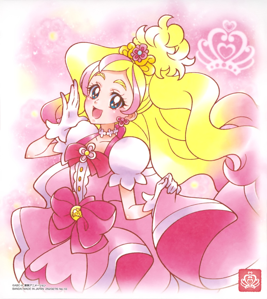 :d blonde_hair blue_eyes bow choker collarbone cure_flora dress earrings female gloves go!_princess_precure gradient_hair haruno_haruka highres jewelry long_hair looking_at_viewer multicolored_hair official_art open_mouth parted_bangs pink_bow pink_dress pink_hair precure short_sleeves smile solo standing very_long_hair white_gloves white_sleeves