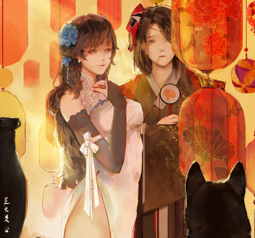 2girls absurdres alternate_costume baboon_(artist) blue_flower breasts bridal_gauntlets brown_eyes brown_hair canine character_request check_character china_dress chinese_clothes dress elbow_gloves festival floral_print flower girls'_frontline gloves grey_eyes hair_flower hair_ornament hand_on_own_chest hanging_lantern highres japanese_clothes kimono knot lace_collar lantern lee-enfield_(girls'_frontline) lips lipstick long_hair makeup matches medium_breasts mole mole_under_eye multiple_girls official_alternate_costume paper_lantern thighs translation_request type_95_(girls'_frontline) type_95_(narcissus)_(girls'_frontline) vase very_long_hair white_dress