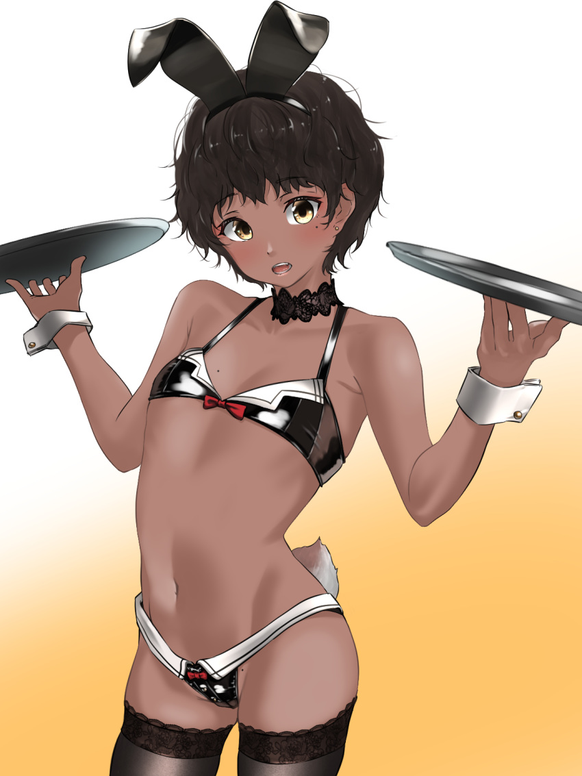 animal_ears bare_shoulders bikini black_bikini black_choker black_hair black_thighhighs blush brown_eyes choker dark-skinned_female dark_skin fake_animal_ears female flat_chest gradient_background highres looking_at_viewer mole mole_on_crotch mole_on_pussy mole_under_eye navel open_mouth original rabbit_ears rabbit_tail short_hair smile solo swimsuit tail tama_(tamago) thighhighs thighs tray waitress