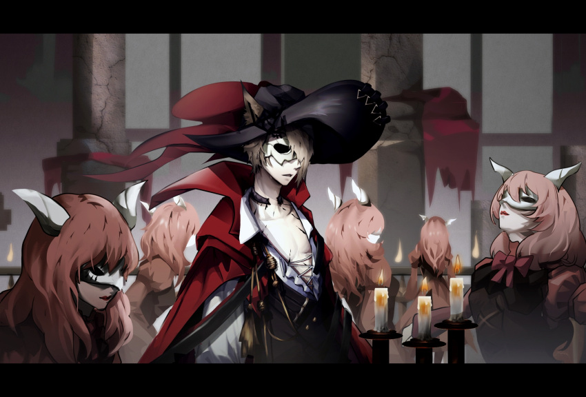 1boy 5girls animal_ears arknights blouse brown_hair candle candlelight candlestand cape cat_boy cat_ears crimson_singer_(arknights) hat highres jiuatian letterboxed long_hair mask material_growth multiple_girls official_alternate_costume open_clothes open_shirt oripathy_lesion_(arknights) phantom_(arknights) phantom_(focus)_(arknights) red_cape red_hair red_lips red_ribbon ribbon shirt short_hair upper_body