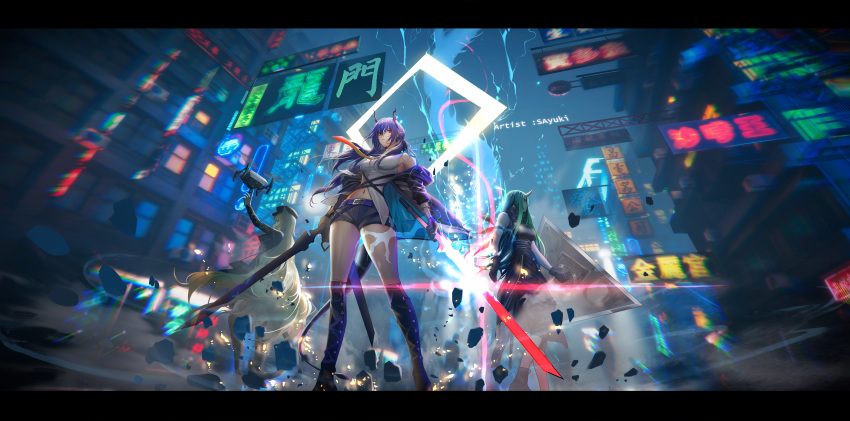 3girls absurdres animal_ears arknights arm_ribbon arm_scarf black_headwear black_jacket black_shirt black_shorts blonde_hair blue_hair building ch'en_(arknights) cityscape clothes_around_waist dragon_horns drill_hair dual_wielding from_below gradient_necktie green_hair highres holding holding_shield holding_sword holding_weapon horns hoshiguma_(arknights) jacket jacket_around_waist letterboxed long_hair multicolored_necktie multiple_girls navel necktie outdoors red_necktie ribbon sa'yuki shield shirt shirt_around_waist short_shorts shorts side_drill single_horn skin-covered_horns skyscraper swire_(arknights) sword tail thighs tiger_ears tiger_girl tiger_tail very_long_hair weapon yellow_necktie