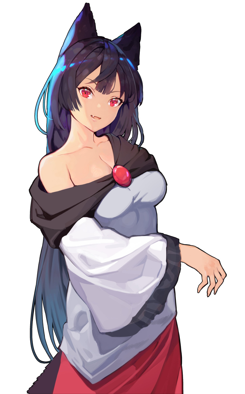 absurdres alternate_hair_color animal_ears black_hair breasts brooch collarbone dress female highres imaizumi_kagerou jewelry large_breasts long_hair long_sleeves oerba_yun_fang off-shoulder_dress off_shoulder onion_(onion_and_pi-natto) open_mouth red_eyes simple_background smile solo touhou v-shaped_eyebrows white_background white_dress wide_sleeves wolf_ears