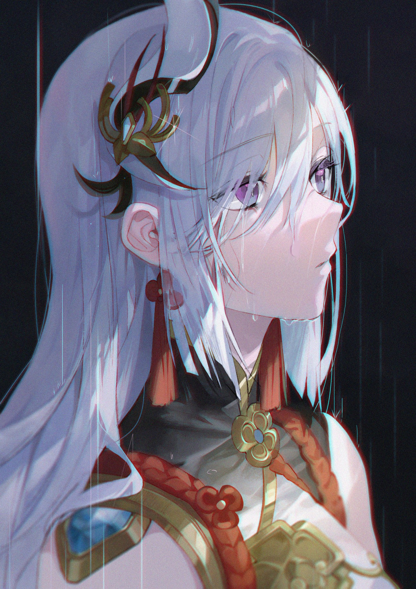 black_background buri_(retty9349) chromatic_aberration close-up commentary female from_side genshin_impact grey_hair hair_ornament highres long_hair open_mouth protected_link purple_eyes shenhe_(genshin_impact) simple_background solo upper_body