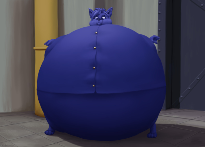 2022 anthro blue_body blue_fur blue_hair blueberry_inflation body_inflation button_(fastener) canid canine canis charlie_and_the_chocolate_factory cheek_bulge claws clothed clothing detailed_background fur hair inflation inside lemurlemurovich male mammal pipe_(tube) pipeline solo spherical_inflation standing tight_clothing willy_wonka_and_the_chocolate_factory wolf