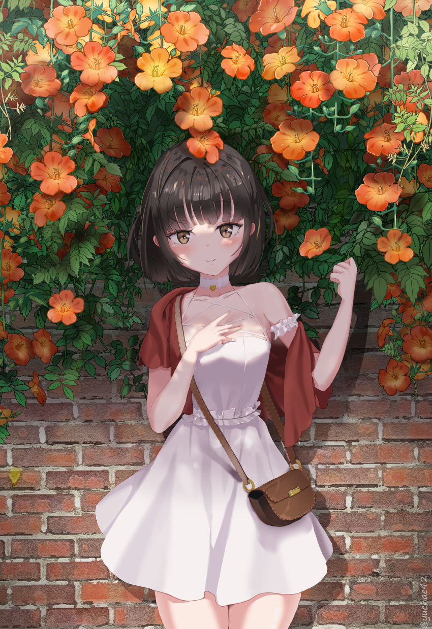 absurdres armpit_crease bare_legs bare_shoulders black_hair blush breasts brick brick_wall brown_eyes choker collarbone dress female flower hand_on_own_chest highres leaf looking_at_viewer medium_breasts nature original scarf short_hair skirt smile standing summer trumpet_creeper waistband yuchae