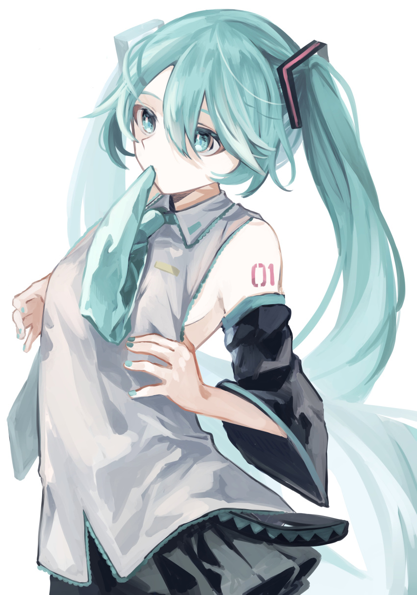 absurdres adjusting_shirt aqua_eyes aqua_hair aqua_nails aqua_necktie bad_id bad_pixiv_id bare_shoulders black_skirt black_sleeves breasts cc_rock commentary detached_sleeves female grey_shirt hair_ornament hatsune_miku highres long_hair miniskirt mouth_hold nail_polish necktie necktie_in_mouth pale_skin pleated_skirt shirt shoulder_tattoo sideboob skirt sleeveless sleeveless_shirt solo standing tattoo twintails upper_body very_long_hair vocaloid white_background