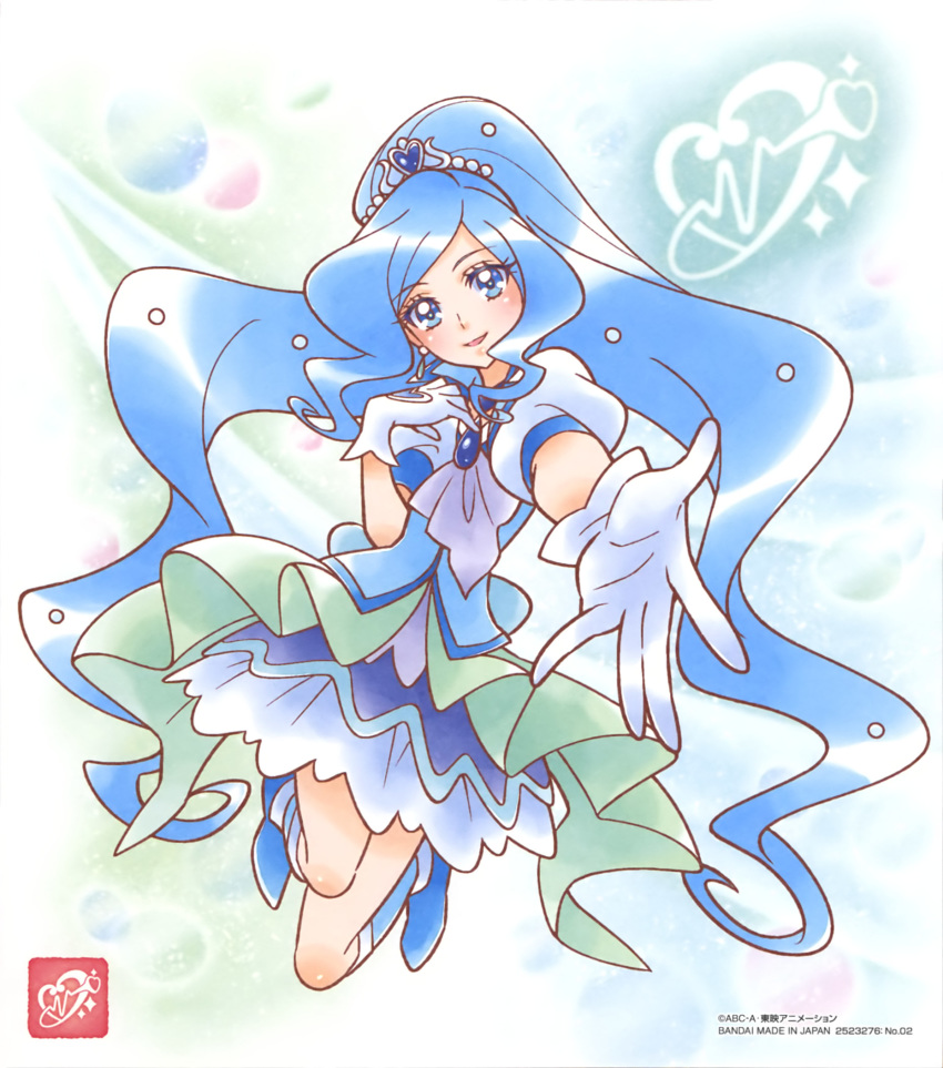 :d blue_eyes blue_footwear blue_hair blue_vest cure_fontaine dress female floating_hair gloves hair_ornament healin'_good_precure heart heart_hair_ornament highres jewelry layered_dress long_hair looking_at_viewer official_art open_mouth outstretched_arm pendant precure reaching reaching_towards_viewer sawaizumi_chiyu short_dress short_sleeves smile solo split_ponytail swept_bangs very_long_hair vest white_background white_dress white_gloves white_sleeves