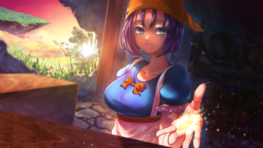 apron bar_(place) blue_eyes blue_hair breasts closed_mouth dragon_quest dragon_quest_ix female food frilled_sleeves frills fruit glowing head_scarf kainown keg_(container) large_breasts light_particles outstretched_hand puffy_sleeves ribbon rikka_(dq9) short_hair sky smile solo sunset