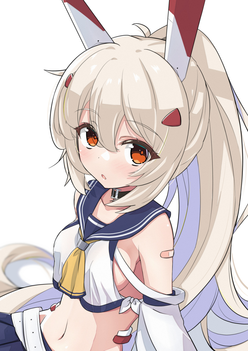 armpits ayanami_(azur_lane) ayanami_(retrofit)_(azur_lane) azur_lane bad_id bad_pixiv_id bandaid bandaid_on_arm belt blue_skirt breasts choker collarbone commentary detached_sleeves female from_above grey_hair hair_between_eyes hair_ornament hairclip headgear highres long_hair looking_at_viewer looking_up navel orange_eyes oruk parted_lips pleated_skirt ponytail school_uniform serafuku sideboob sidelocks simple_background skirt solo stomach white_background