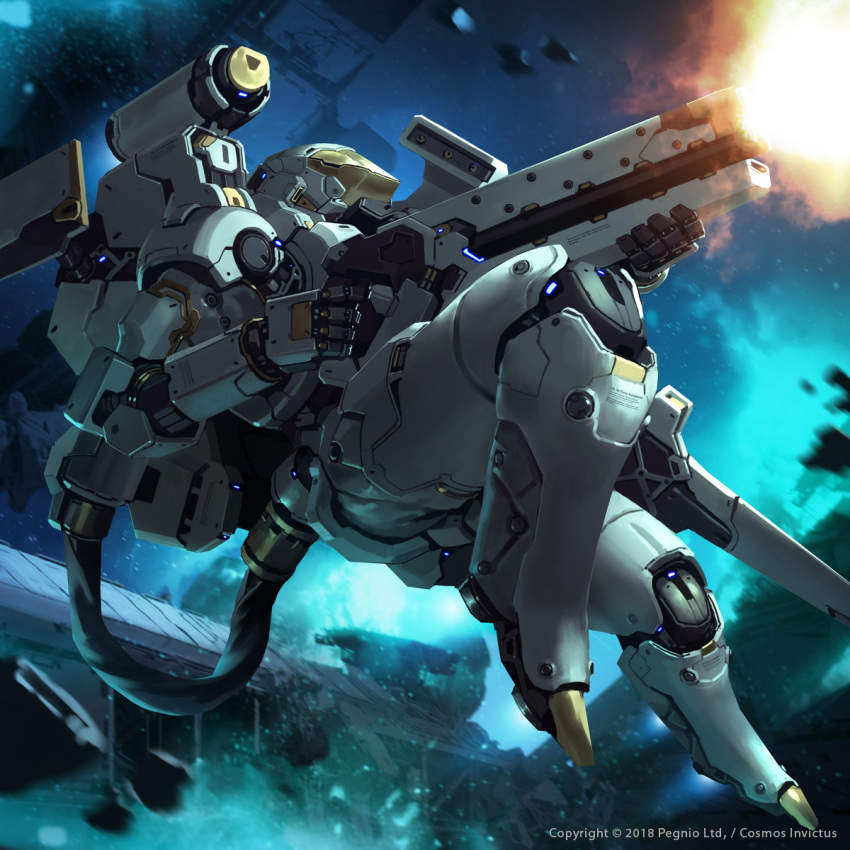 copyright_name cosmos_invictus english_commentary firing floating gun highres holding holding_gun holding_weapon jessada_sutthi looking_ahead mecha official_art photoshop_(medium) robot science_fiction shoulder_cannon solo space watermark weapon