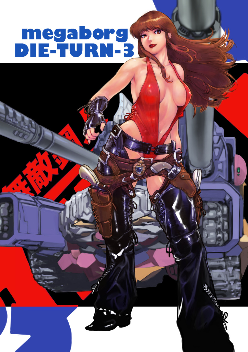 absurdres breasts brown_eyes brown_hair copyright_name female fingerless_gloves gloves gun highres holster leather leotard lipstick long_hair looking_at_viewer makeup medium_breasts military military_vehicle motor_vehicle muteki_koujin_daitarn_3 navel red_leotard sanjou_reika standing tank vigwer weapon