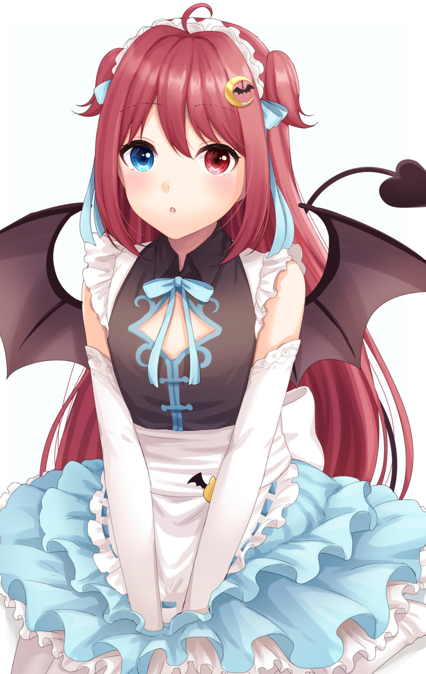 :o ahoge apron bad_id bad_pixiv_id bat_hair_ornament black_shirt blue_bow blue_eyes blue_skirt bow brown_wings commentary_request crescent crescent_hair_ornament demon_girl demon_tail demon_wings elbow_gloves female gloves grey_background hair_ornament hairbow heterochromia highres layered_skirt long_hair nijisanji parted_lips pleated_skirt red_eyes red_hair ribbon-trimmed_apron ribbon_trim shirt skirt sleeveless sleeveless_shirt solo tail two-tone_background two_side_up very_long_hair virtual_youtuber waist_apron white_apron white_background white_gloves wings yahiro_(ya_hiro) yuzuki_roa yuzuki_roa_(2nd_costume)