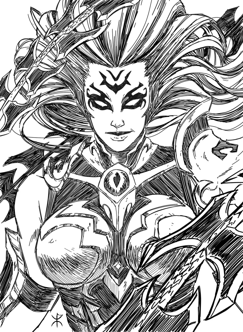 apoloniodraws armor breasts darksiders facial_tattoo female fury_(darksiders) greyscale highres line_art lips looking_at_viewer monochrome tattoo weapon whip_sword