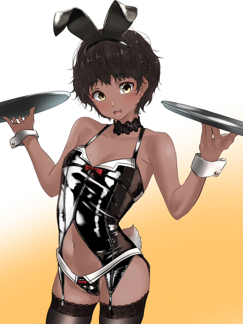 animal_ears bare_shoulders black_choker black_hair black_thighhighs blush breasts brown_eyes choker cleavage dark-skinned_female dark_skin fake_animal_ears female gradient_background highres looking_at_viewer mole mole_on_breast mole_on_crotch mole_on_pussy mole_under_eye navel open_mouth original panties panties_over_garter_belt playboy_bunny rabbit_ears rabbit_tail short_hair small_breasts smile solo tail tama_(tamago) thighhighs thighs tray underwear waitress