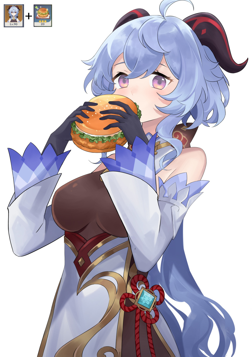 absurdres ahoge aihara_(aiharaorenji) bangs bare_shoulders blue_hair bodystocking bread_bun breasts chicken_sandwich detached_sleeves eating female food fried_chicken ganyu_(genshin_impact) genshin_impact goat_horns hair_between_eyes highres holding holding_food horns leotard leotard_under_clothes lettuce long_hair medium_breasts purple_eyes sidelocks solo vision_(genshin_impact) white_background