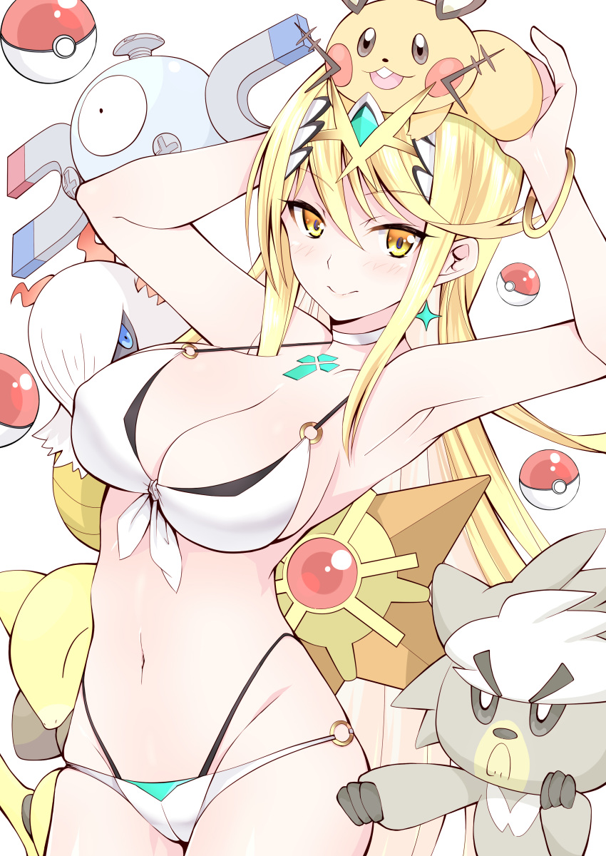 abra absurdres alternate_costume bikini blonde_hair breasts chest_jewel cleavage crossover daive dedenne earrings female front-tie_bikini_top front-tie_top highres jewelry kubfu larvesta looking_at_viewer magnemite midriff mythra_(xenoblade) navel o-ring o-ring_bikini on_head poke_ball poke_ball_(basic) pokemon pokemon_(creature) pokemon_on_head simple_background smile staryu swimsuit tiara white_background white_bikini xenoblade_chronicles_(series) xenoblade_chronicles_2 yellow_eyes