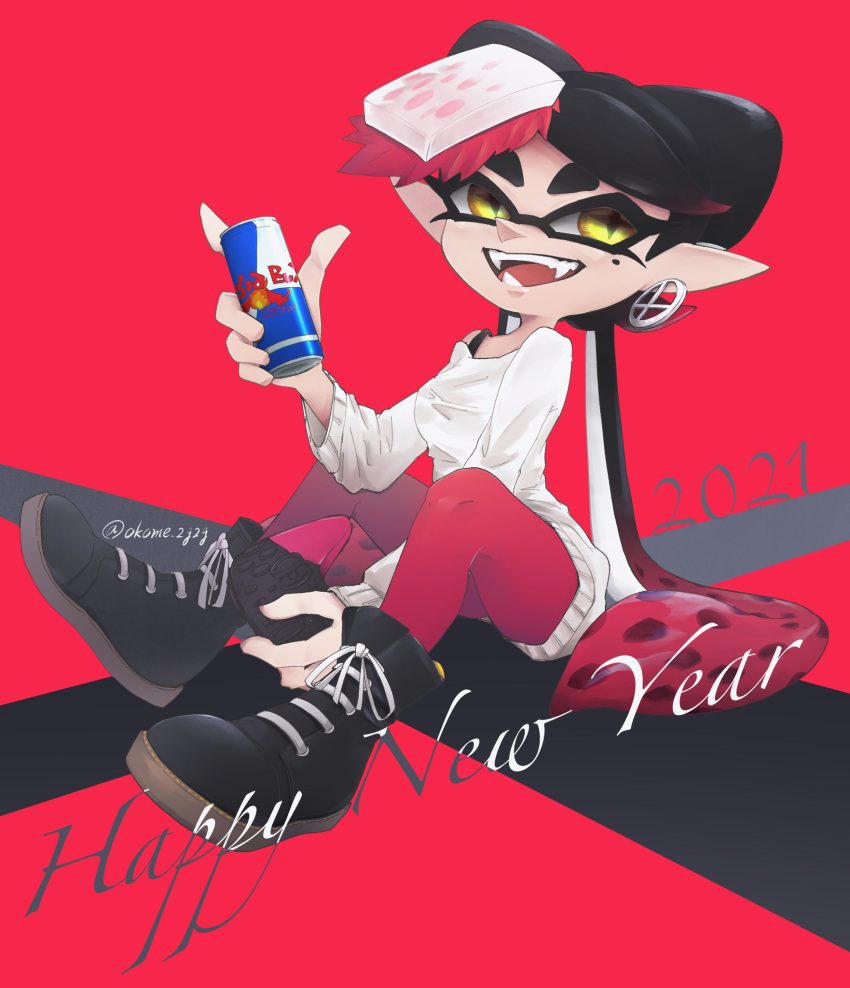 +_+ 2021 :d black_footwear black_hair callie_(splatoon) can commentary earrings english_commentary english_text fangs female food food_on_head gradient_hair happy_new_year highres holding holding_can inkling jewelry logo_parody long_hair looking_at_another mixed-language_commentary mole mole_under_eye multicolored_hair new_year object_on_head off-shoulder_sweater off_shoulder okome_2g2g open_mouth pantyhose pointy_ears purple_pantyhose red_background red_bull red_hair shirt_straps shoes sitting smile sneakers solo splatoon_(series) straight-laced_footwear sushi sweater swept_bangs tentacle_hair twitter_username very_long_hair white_sweater yellow_eyes