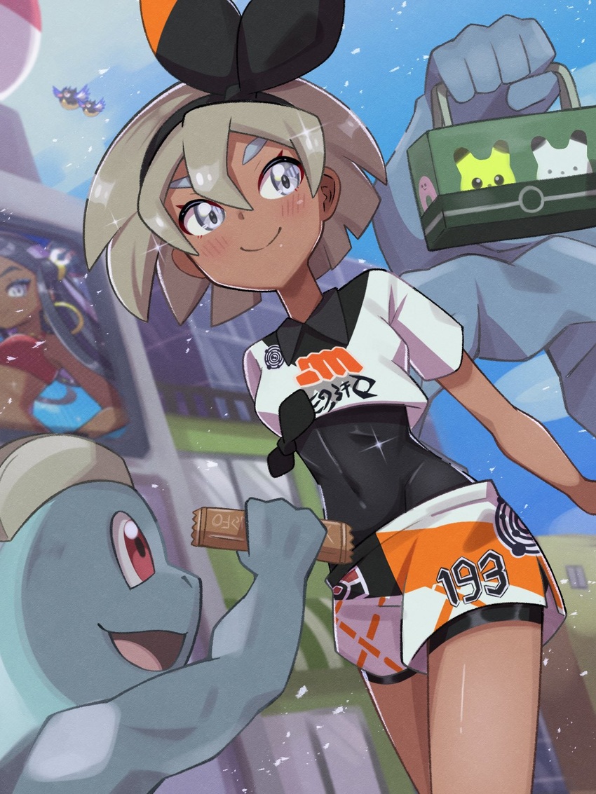 bea_(pokemon) black_bodysuit black_hairband blush bodysuit bodysuit_under_clothes bow_hairband candy chocolate chocolate_bar closed_mouth collared_shirt commentary_request covered_navel dark-skinned_female dark_skin day extra_arms female food grey_eyes grey_hair hairband happy highres holding holding_chocolate holding_food inana_umi looking_at_another machamp machop nessa_(pokemon) open_mouth outdoors pokemon pokemon:_twilight_wings pokemon_(creature) pokemon_swsh print_shirt print_shorts red_eyes rookidee shirt short_sleeves shorts sky smile standing