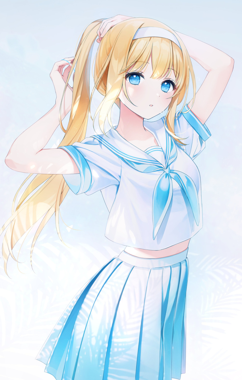 a20_(atsumaru) absurdres arms_behind_head arms_up bad_id bad_twitter_id blonde_hair blue_eyes blue_skirt borrowed_character cowboy_shot crop_top crop_top_overhang female hair_tie hairband high-waist_skirt highres holding long_hair looking_at_viewer midriff neckerchief original parted_lips pleated_skirt ponytail sailor_collar school_uniform serafuku shirt short_sleeves skirt solo tying_hair white_shirt