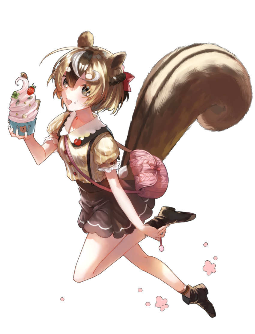 absurdres acorn adapted_costume alternate_costume animal_ears ayunda_risu bag blouse bow brown_hair candy clover cupcake female food food_on_face four-leaf_clover fruit green_eyes hairbow handbag highres hololive hololive_indonesia kohina27831 lollipop looking_at_viewer multicolored_hair open_mouth shirt short_hair simple_background solo squirrel_ears squirrel_girl squirrel_tail strawberry streaked_hair striped_clothes striped_shirt tail vertical-striped_clothes vertical-striped_shirt virtual_youtuber whipped_cream white_background