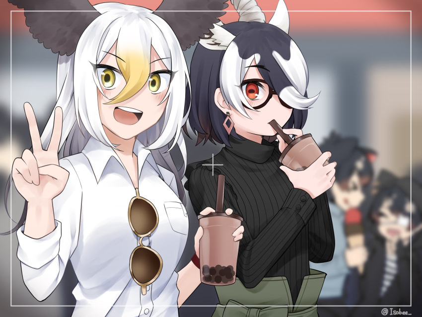 4girls alternate_costume animal_ears anteater_ears antelope_horns australian_devil_(kemono_friends) bald_eagle_(kemono_friends) bird_wings black_hair black_sweater blackbuck_(kemono_friends) blonde_hair blush bubble_tea casual collared_shirt commentary_request earrings extra_ears glasses hair_between_eyes hair_over_one_eye head_wings highres isobee jewelry kemono_friends kemono_friends_3 long_hair long_sleeves multiple_girls red_eyes shirt short_hair sleeves_rolled_up sunglasses sweater tasmanian_devil_(kemono_friends) turtleneck unworn_eyewear v white_hair white_shirt wings yellow_eyes