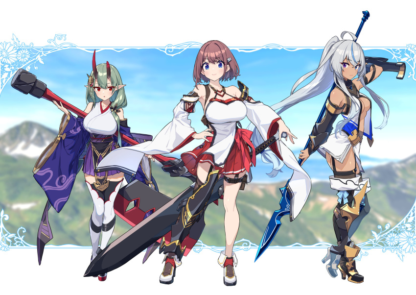 3girls absurdres akari_(baffu) axe baffu battle_axe blue_eyes breasts brown_hair fantasy greatsword highres hitoyo_(baffu) huge_breasts large_breasts medium_breasts multiple_girls oni original polearm short_hair spear sword weapon yuuna_(baffu)