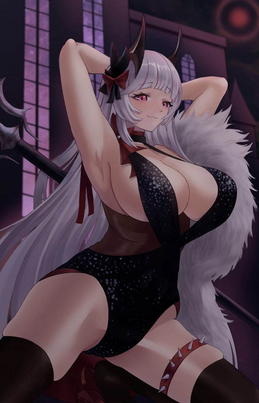 absurdres armpits arms_behind_head azur_lane black_dress black_thighhighs blush breasts cleavage closed_mouth demon_horns dress feather_boa female highres horns huge_breasts kneeling long_hair looking_at_viewer official_alternate_costume presenting_armpit purple_eyes smile solo syu.mu thighhighs thighs white_hair yorck_(azur_lane) yorck_(breaker_under_the_blood_moon)_(azur_lane)