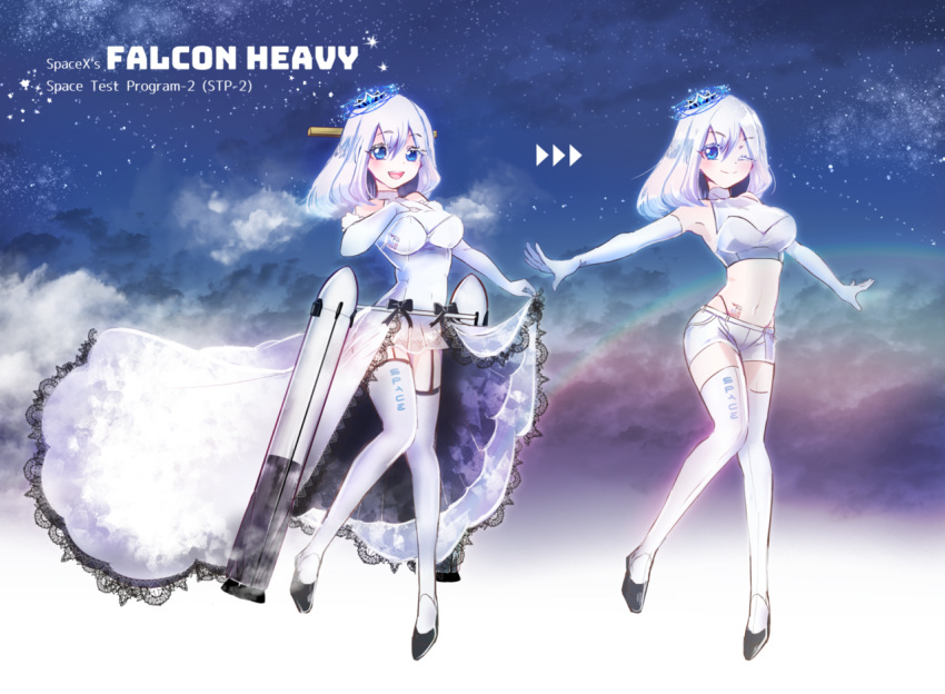 :d ajisai-san_(pokkusu) american_flag armpits bare_shoulders black_garter_straps blue_eyes blush breasts character_name cloud crown dress elbow_gloves english_text falcon_heavy falcon_heavy_(project_rocket_girls) female full_body garter_straps gloves hair_between_eyes hair_ornament hand_on_own_chest high_collar lace lace-trimmed_dress lace_trim large_breasts long_dress medium_hair midriff mini_crown navel night night_sky one_eye_closed open_mouth outdoors outstretched_arms panty_straps personification print_thighhighs project_rocket_girls reference_sheet rocket see-through see-through_skirt short_shorts shorts skirt skirt_hold sky smile space spacex split_mouth sports_bra spread_arms standing standing_on_one_leg star_(sky) starry_sky striped_clothes striped_headwear swept_bangs tattoo thighhighs thong united_states variations white_gloves white_hair white_legwear white_sports_bra zettai_ryouiki