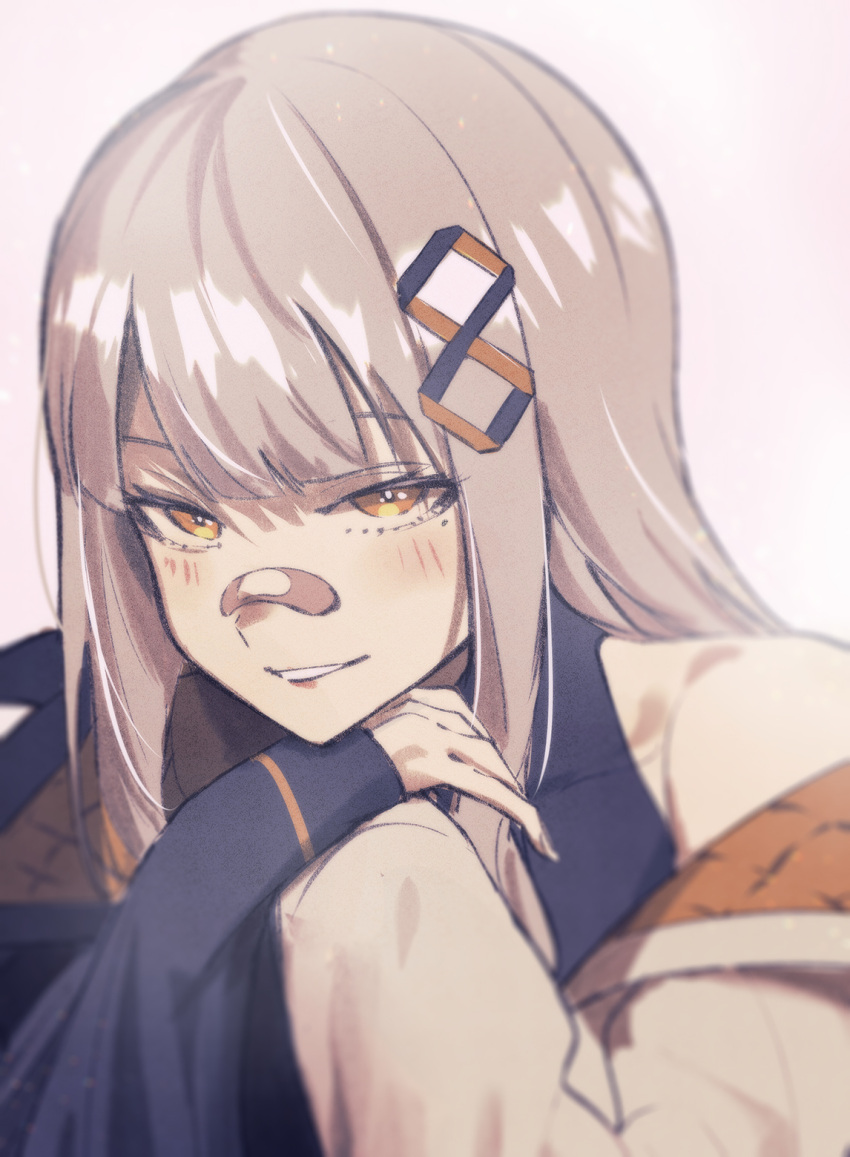 bandaid bandaid_on_face bandaid_on_nose blush chinese_commentary collarbone eyebrows_hidden_by_hair female grey_hair hachi_(live_union) halterneck highres jacket live_union long_hair longlong_(drasdr7513) looking_at_viewer orange_eyes portrait smile solo virtual_youtuber white_background white_jacket