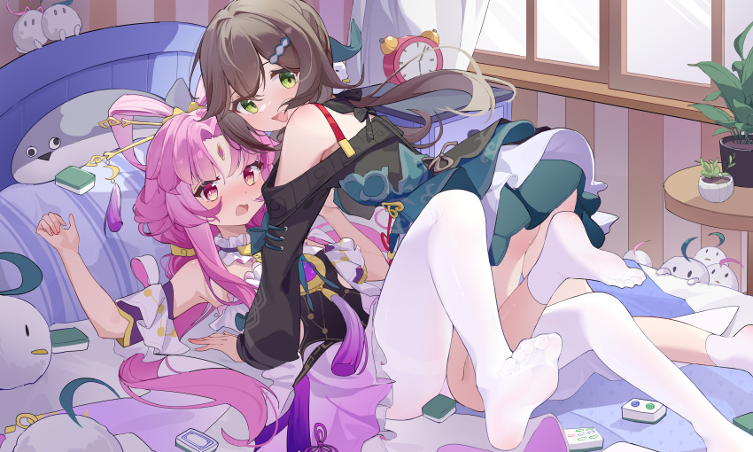 2girls absurdres blush brown_hair cowgirl_position crescent crescent_hair_ornament dress feet forehead_jewel fu_xuan_(honkai:_star_rail) green_dress green_eyes hair_ornament hair_rings hair_stick highres honkai:_star_rail honkai_(series) indoors long_sleeves low_twintails lying mahjong mahjong_tile multiple_girls ningmeng_jing_jing_jing_jing oerba_yun_fang on_back on_bed open_mouth orange_eyes pantyhose pink_hair qingque_(honkai:_star_rail) sacabambaspis socks soles toes twintails white_pantyhose white_socks yuri