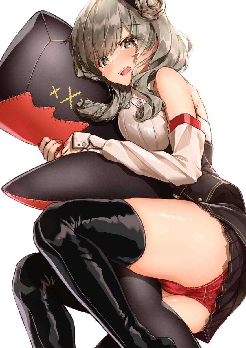 absurdres azur_lane black_footwear blush boots braid breasts brown_skirt classic_(zildjian33) drill_hair drill_sidelocks feet_out_of_frame female grey_eyes grey_hair hair_bun highres hugging_object knee_boots leather leather_boots long_hair long_sleeves looking_at_viewer luetzow_(azur_lane) lying medium_breasts on_side open_mouth panties pillow pillow_hug red_panties shirt sideboob sidelocks single_side_bun skirt solo tears teeth thighhighs underwear upper_teeth_only white_background white_shirt