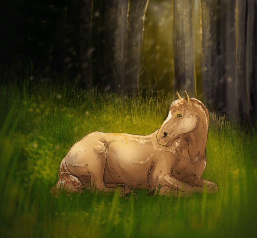 ambiguous_gender brown_eyes digital_media_(artwork) equid equine facial_markings feral grass hair head_markings head_turned hooves horse light looking_at_viewer lying mammal markings on_front pearl_(wasen) plant rikakarr solo sunlight tail tan_body tan_hair tan_tail tree