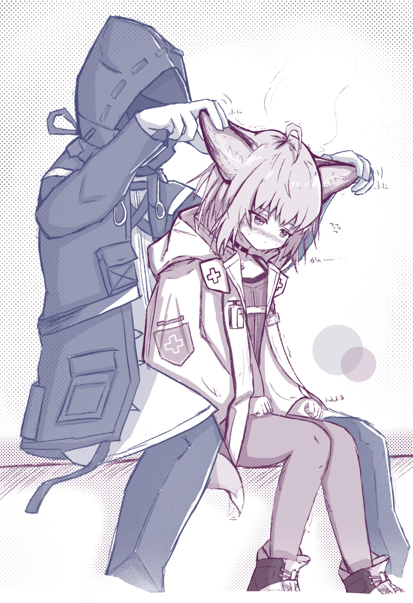 1other absurdres ahoge ambiguous_gender animal_ears arknights bad_id bad_pixiv_id boots choker chrocatz coat commentary_request cropped_legs doctor_(arknights) feet_out_of_frame female fox_ears fox_girl fox_tail gloves highres hood hood_up mask monochrome pantyhose rubbing_ears short_hair simple_background sitting sussurro_(arknights) tail