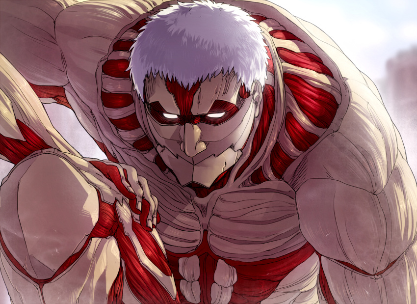 1boy abs armored_titan giant glowing glowing_eyes leaning_forward male_focus muscular muscular_male nene_(10575936) on_one_knee pectorals shingeki_no_kyojin short_hair solo titan_(shingeki_no_kyojin) white_hair