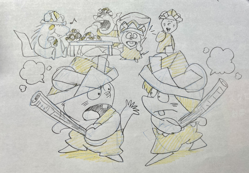 2023 anthro biped bobo_(gamba_no_bouken) chibi chuuta clothing eating eyewear food gakusha gamba_no_bouken gamba_no_bouken_(series) ganba glasses group hat headgear headwear hi_res hikari_gamba ikasama mammal mouse murid murine musical_note newspaper rodent shijin sitting yoisho