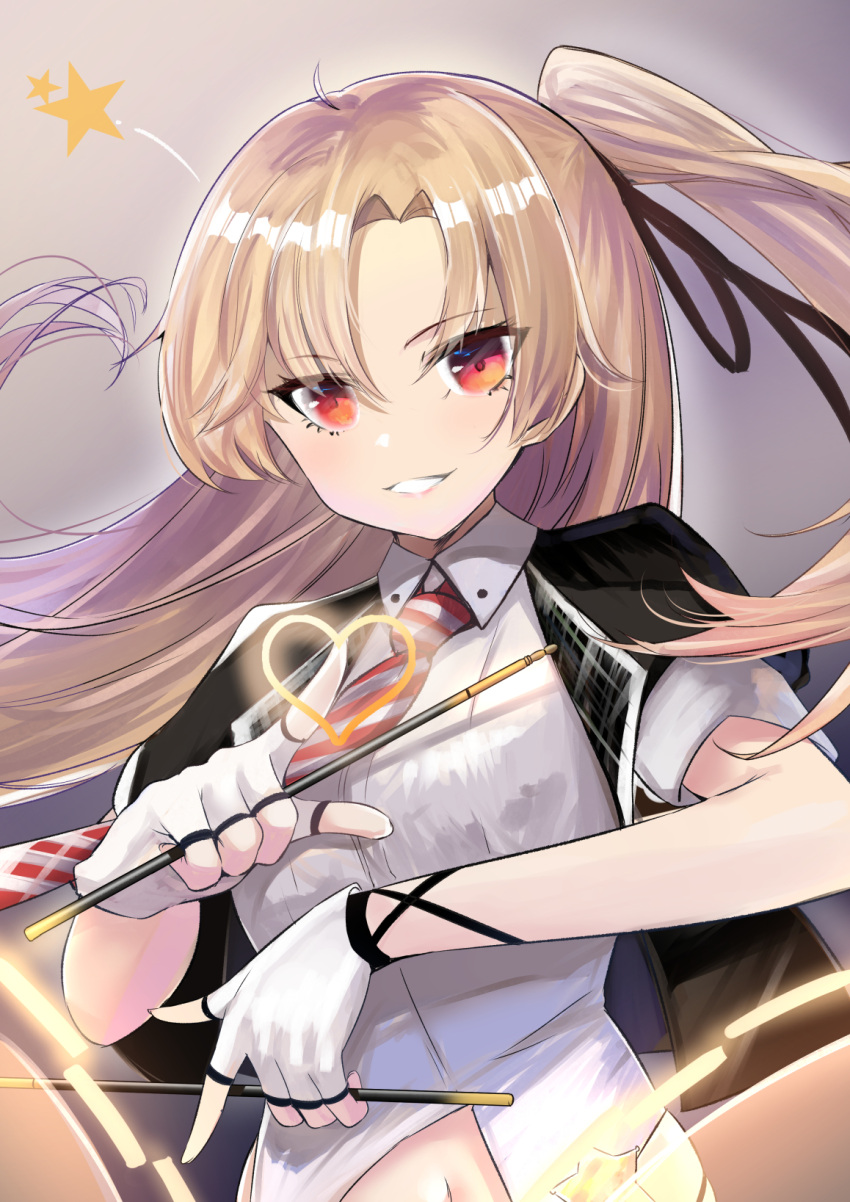 azur_lane blonde_hair breasts cleveland_(azur_lane) cleveland_(muse)_(azur_lane) clothing_cutout diagonal-striped_clothes diagonal-striped_necktie drum drumsticks female fingerless_gloves gloves heart highres idol instrument necktie one_side_up ponytail red_eyes schreibe_shura shirt small_breasts smile solo star_(symbol) stomach_cutout striped_clothes striped_necktie white_shirt