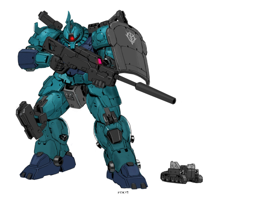 english_commentary glowing glowing_eye gun gundam gundam_unicorn holding holding_gun holding_weapon looking_to_the_side mecha military military_vehicle mobile_suit motor_vehicle one-eyed photoshop_(medium) red_eyes rickyryan rifle robot science_fiction shield size_comparison sniper_rifle solo standing tank weapon zaku_i_sniper_type zeon