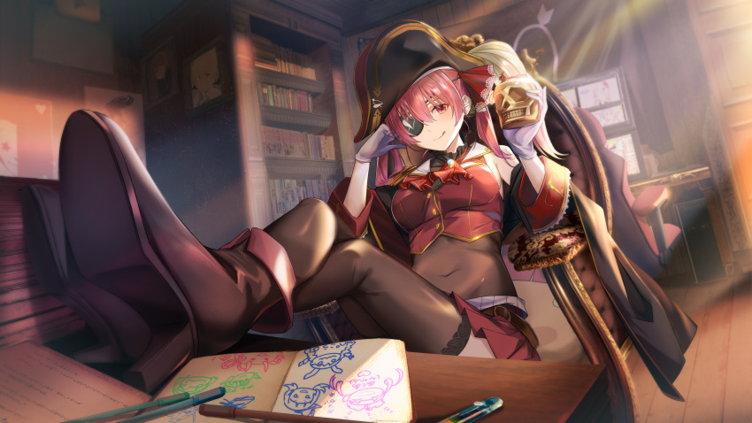 :q absurdres aritsuno arrow_through_heart bicorne blurry book bookshelf boots breasts chair character_pillow coat computer covered_navel crossed_legs cup depth_of_field dokuro-kun_(houshou_marine) dust eyepatch female flag gloves hair_ribbon hat highres hololive houshou_marine houshou_marine_(1st_costume) leotard leotard_under_clothes light_particles long_hair manga_(object) marker medium_breasts minato_aqua monitor murasaki_shion off_shoulder office_chair pirate_hat pleated_skirt poster_(object) poyoyo_(nakiri_ayame) red_eyes red_hair ribbon see-through see-through_leotard shinguuji_sakura shiranui_flare shirogane_noel sketchbook skirt solo sunlight swivel_chair thighhighs tongue tongue_out twintails usada_pekora virtual_youtuber white_gloves youtube_creator_award