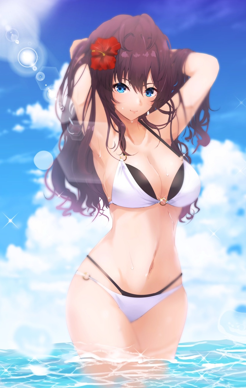 arm_behind_head armpits arms_behind_head arms_up bare_arms bikini blue_eyes blue_sky breasts cleavage cloud collarbone cowboy_shot day female flower hair_flower hair_ornament hand_in_own_hair hibiscus highres ichinose_shiki idolmaster idolmaster_cinderella_girls layered_bikini lens_flare long_hair looking_at_viewer medium_breasts navel o-ring o-ring_bikini ocean outdoors red_flower red_hair ryuu. sky smile solo sparkle sunlight swimsuit wading water wet wet_hair white_bikini