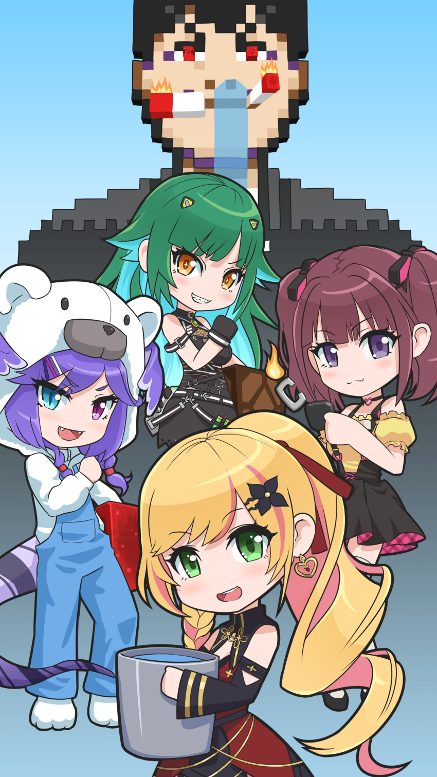 4girls absurdres animal_costume bear_costume black_bow black_dress black_gloves black_skirt blonde_hair blue_eyes bow braid bucket chibi clenched_hands colored_inner_hair dragon_tail dress gloves green_eyes green_hair hair_behind_ear hairbow head_wings heterochromia highres holding holding_bucket jigoku_inu kitakoji_hisui kitakoji_hisui_(2nd_costume) lee_roha lee_roha_(1st_costume) looking_at_viewer medium_hair minecraft multicolored_hair multiple_girls nijisanji nijisanji_en nijisanji_kr off-shoulder_shirt off_shoulder overalls pink_hair ponytail purple_eyes purple_hair red_dress seffyna selen_tatsuki shirt skirt smile streaked_hair suspenders tail tazumi_riku twin_braids twintails virtual_youtuber water wings yellow_shirt