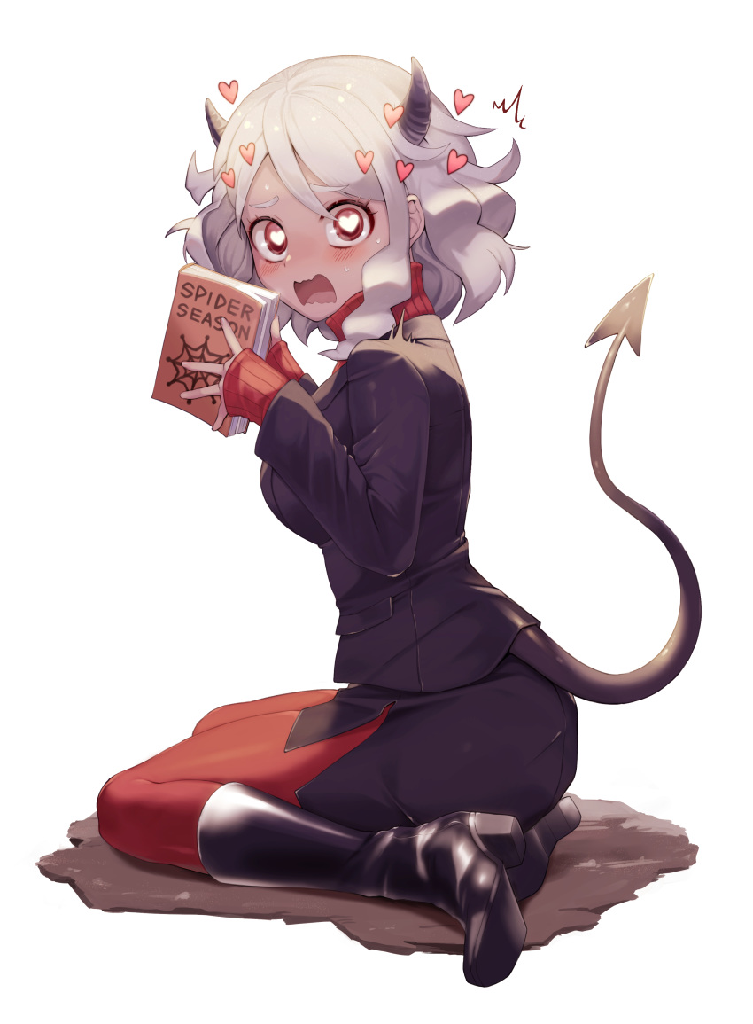 ^^^ absurdres black_footwear black_jacket black_skirt blush book boots breasts bright_pupils demon_girl demon_horns demon_tail english_text female formal from_side full_body grey_hair helltaker highres holding holding_book horns jacket knee_boots kyota07 long_sleeves looking_at_viewer looking_to_the_side medium_breasts medium_hair miniskirt modeus_(helltaker) open_mouth pantyhose pencil_skirt red_eyes red_pantyhose red_sweater side_slit simple_background sitting skirt skirt_suit sleeves_past_wrists solo suit surprised sweat sweater tail turtleneck turtleneck_sweater white_background wide-eyed yokozuwari